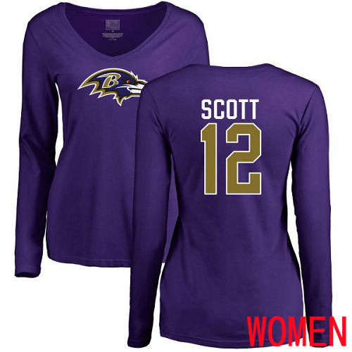 Baltimore Ravens Purple Women Jaleel Scott Name and Number Logo NFL Football #12 Long Sleeve T Shirt